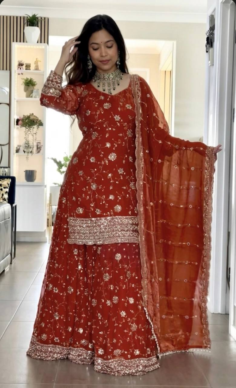 Engagement Wear Orange Color Sequence Embroidered Palazzo Set