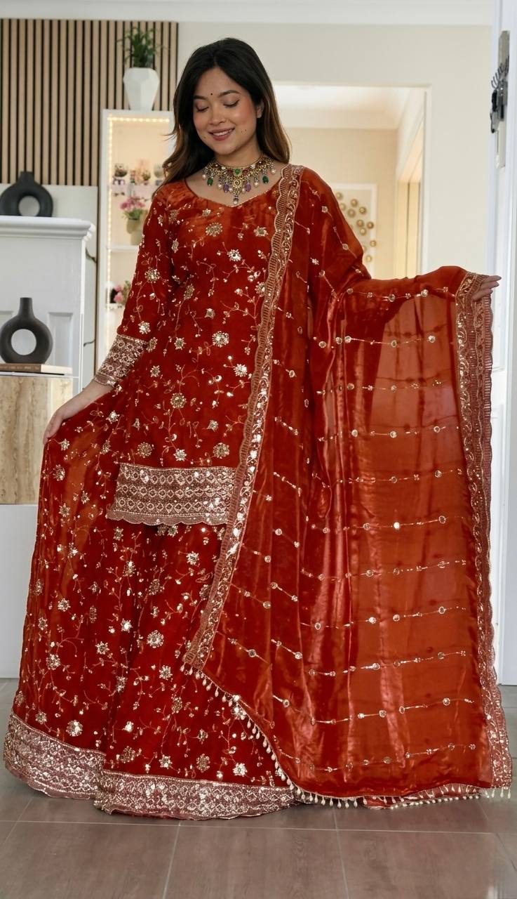 Engagement Wear Orange Color Sequence Embroidered Palazzo Set