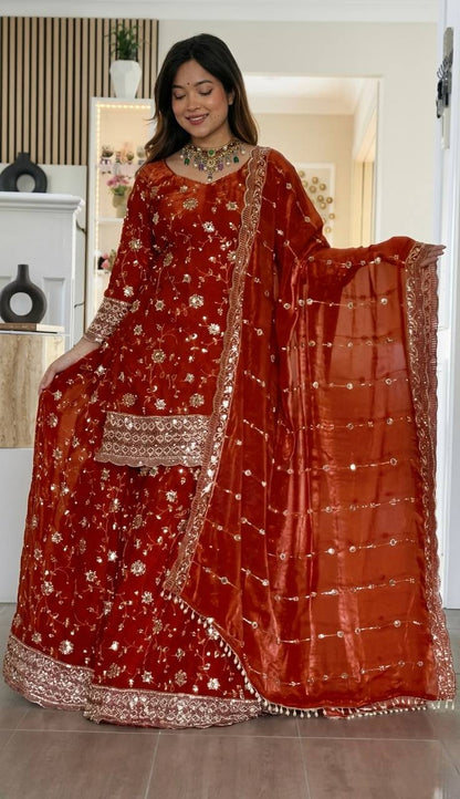 Engagement Wear Orange Color Sequence Embroidered Palazzo Set