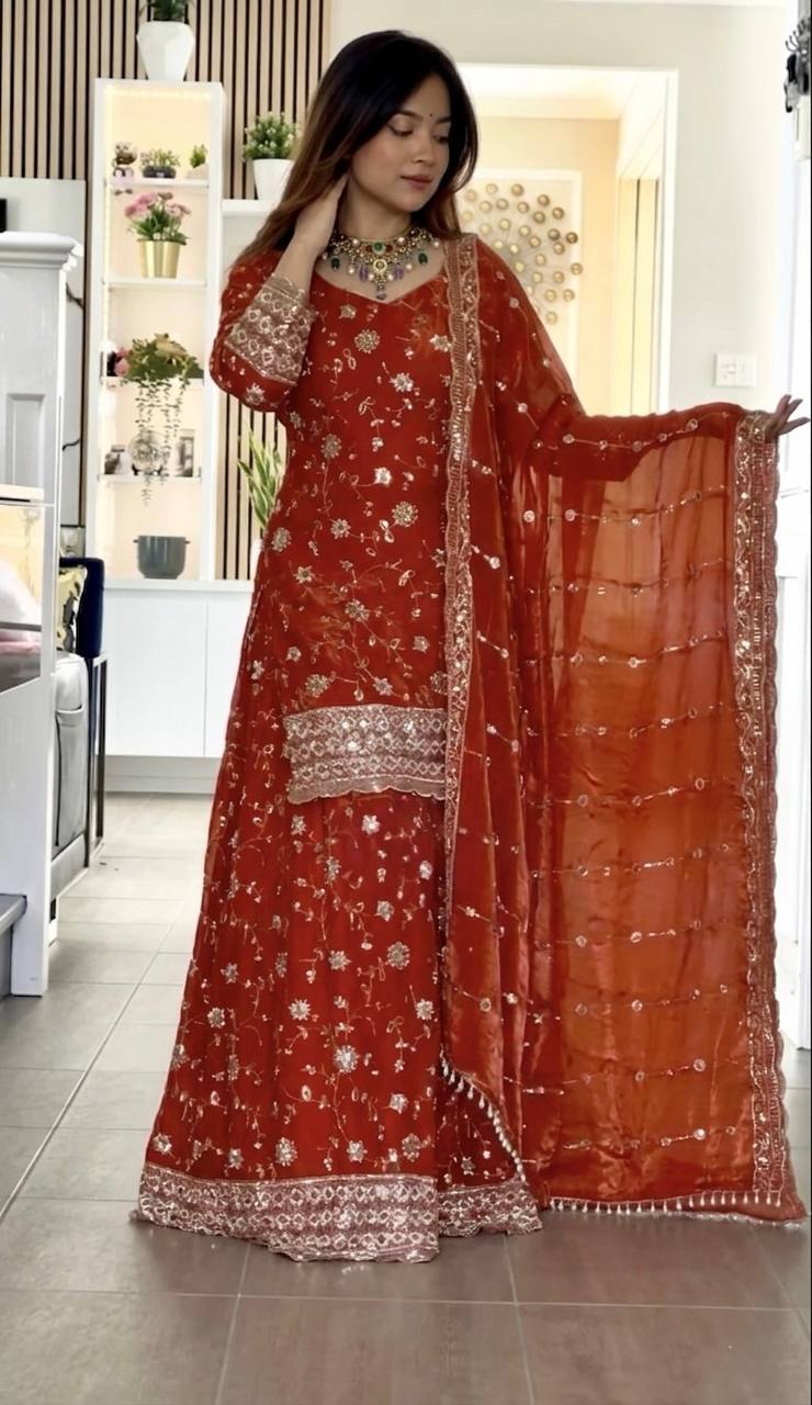 Engagement Wear Orange Color Sequence Embroidered Palazzo Set
