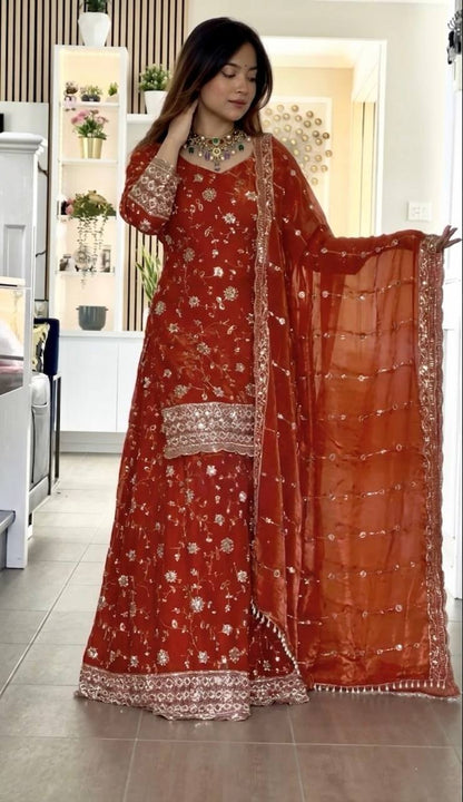 Engagement Wear Orange Color Sequence Embroidered Palazzo Set