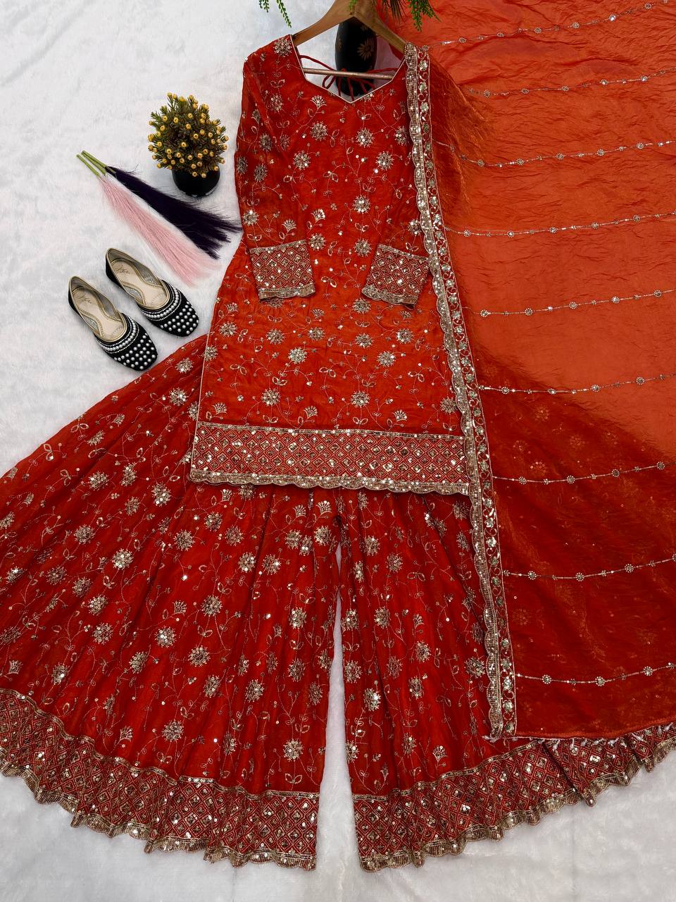 Engagement Wear Orange Color Sequence Embroidered Palazzo Set