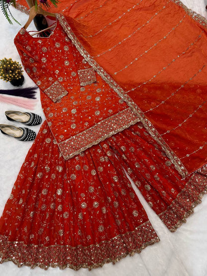 Engagement Wear Orange Color Sequence Embroidered Palazzo Set