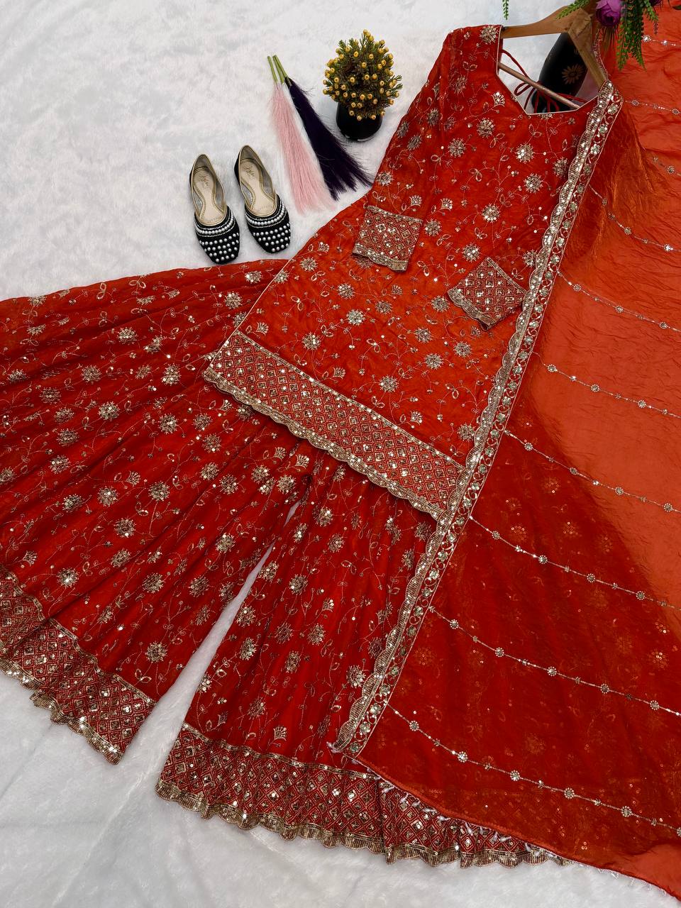 Engagement Wear Orange Color Sequence Embroidered Palazzo Set