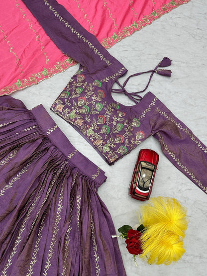 Celebrity Style Lavender Color Premium Gold Crush Heavy Embroidery Thread And Sequin Work Lehenga Choli
