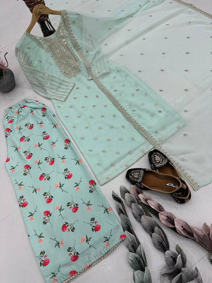 Exclusive Pista Color Embroidered Faux Georgette Suit with Printed Palazzo & Sequin Dupatta