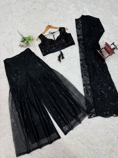 Ceremony Wear Black Color Soft Butterfly Net And Thread With Sequence Palazzo Suit