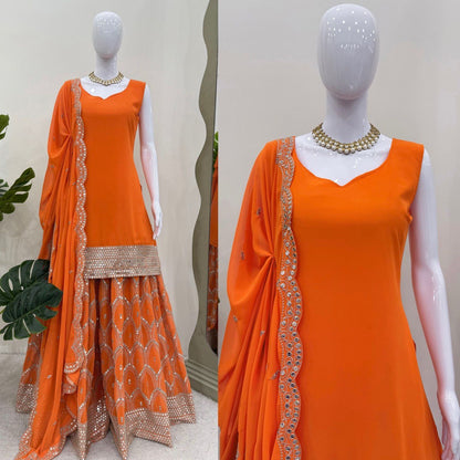 Beautiful Orange Color Faux Georgette And Thread With 9mm Sequence Work Palazzo Suit