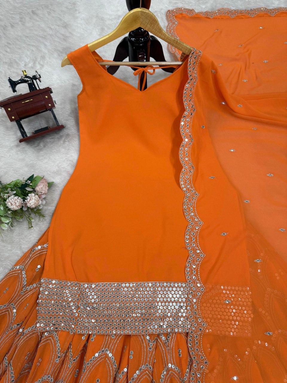 Beautiful Orange Color Faux Georgette And Thread With 9mm Sequence Work Palazzo Suit