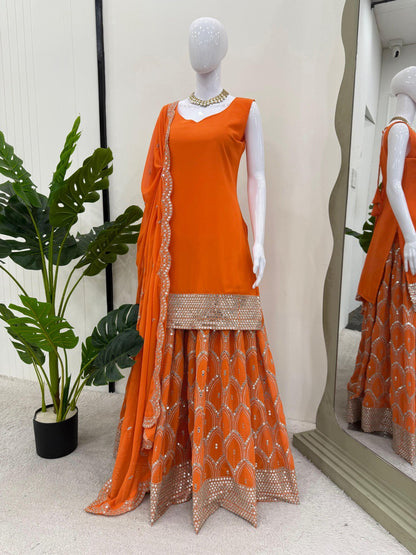 Beautiful Orange Color Faux Georgette And Thread With 9mm Sequence Work Palazzo Suit