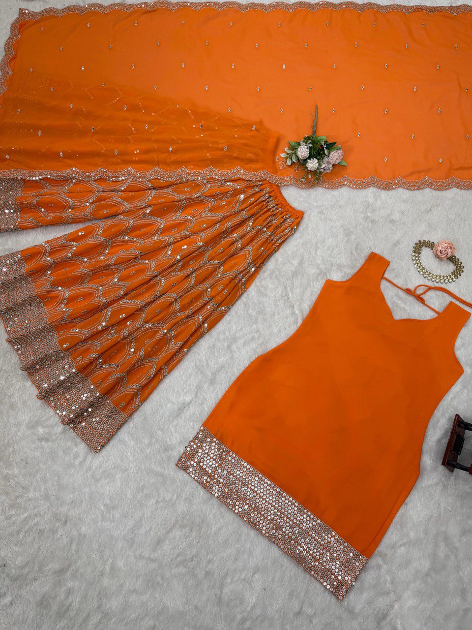 Beautiful Orange Color Faux Georgette And Thread With 9mm Sequence Work Palazzo Suit