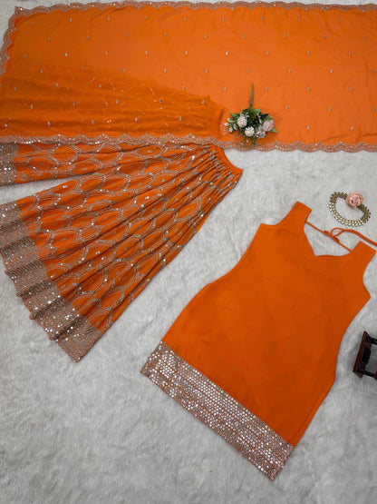 Beautiful Orange Color Faux Georgette And Thread With 9mm Sequence Work Palazzo Suit