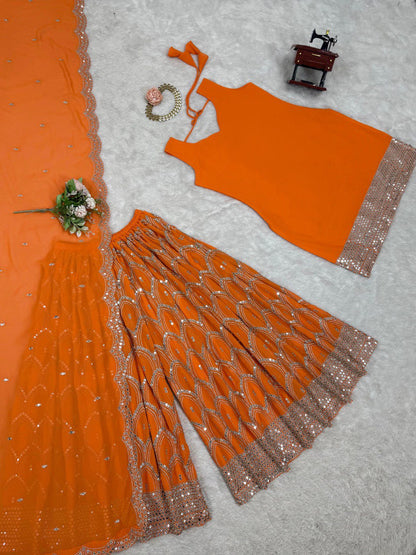 Beautiful Orange Color Faux Georgette And Thread With 9mm Sequence Work Palazzo Suit