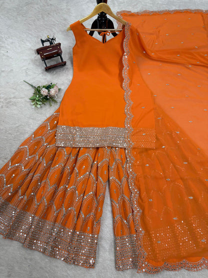 Beautiful Orange Color Faux Georgette And Thread With 9mm Sequence Work Palazzo Suit