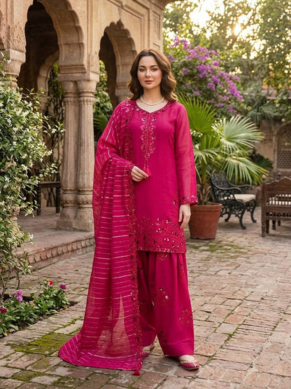 Dazzling Pink Color Mul Chanderi Thread Sequin Work Farshi Palazzo Suit