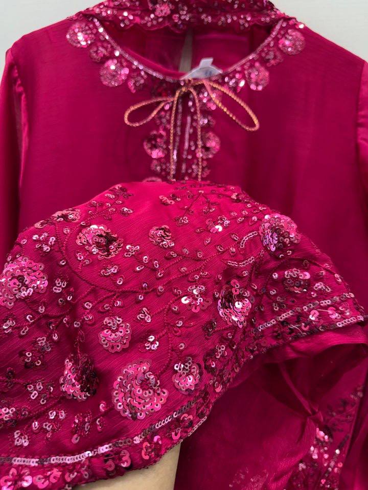 Dazzling Pink Color Mul Chanderi Thread Sequin Work Farshi Palazzo Suit