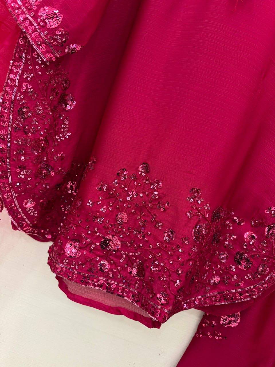 Dazzling Pink Color Mul Chanderi Thread Sequin Work Farshi Palazzo Suit
