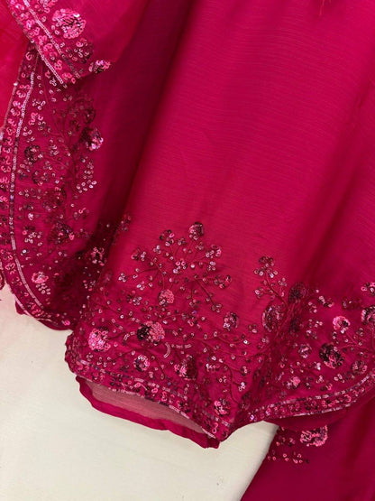 Dazzling Pink Color Mul Chanderi Thread Sequin Work Farshi Palazzo Suit