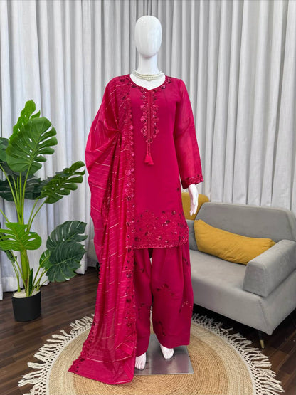 Dazzling Pink Color Mul Chanderi Thread Sequin Work Farshi Palazzo Suit