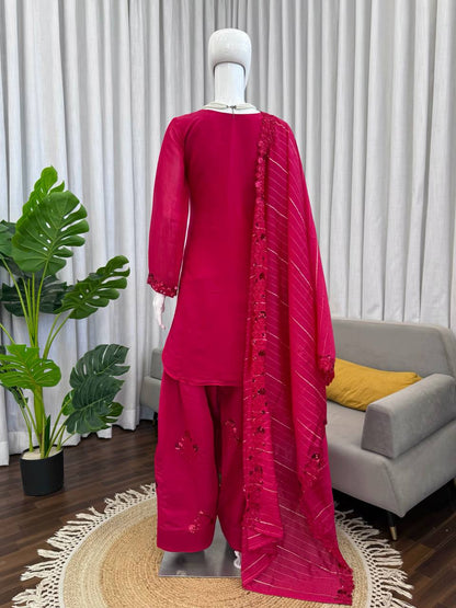Dazzling Pink Color Mul Chanderi Thread Sequin Work Farshi Palazzo Suit