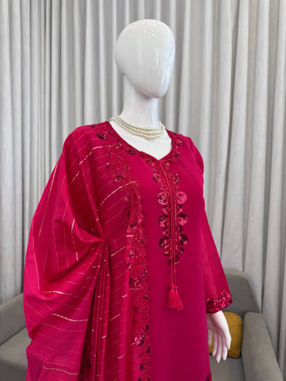 Dazzling Pink Color Mul Chanderi Thread Sequin Work Farshi Palazzo Suit