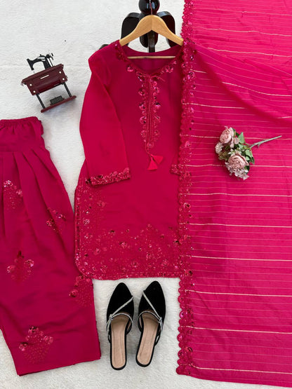 Dazzling Pink Color Mul Chanderi Thread Sequin Work Farshi Palazzo Suit