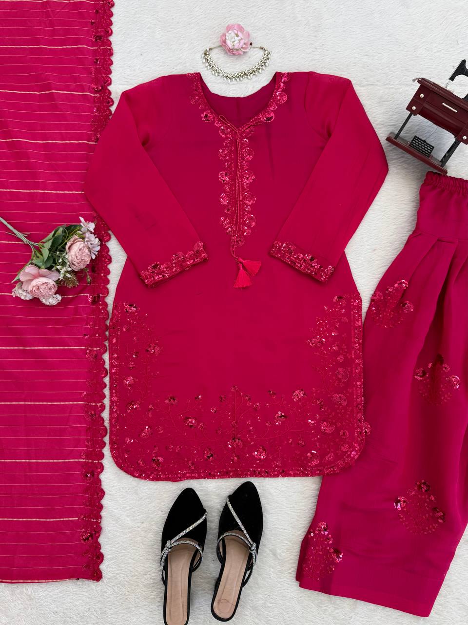 Dazzling Pink Color Mul Chanderi Thread Sequin Work Farshi Palazzo Suit