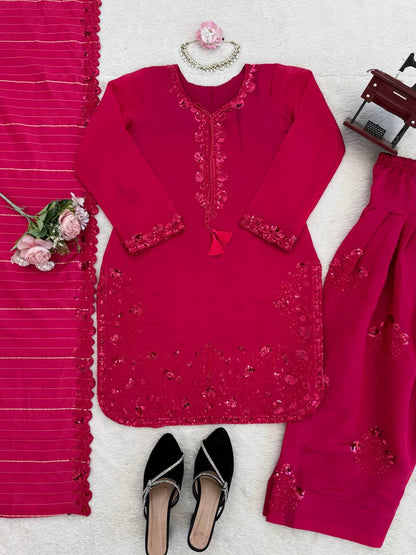 Dazzling Pink Color Mul Chanderi Thread Sequin Work Farshi Palazzo Suit