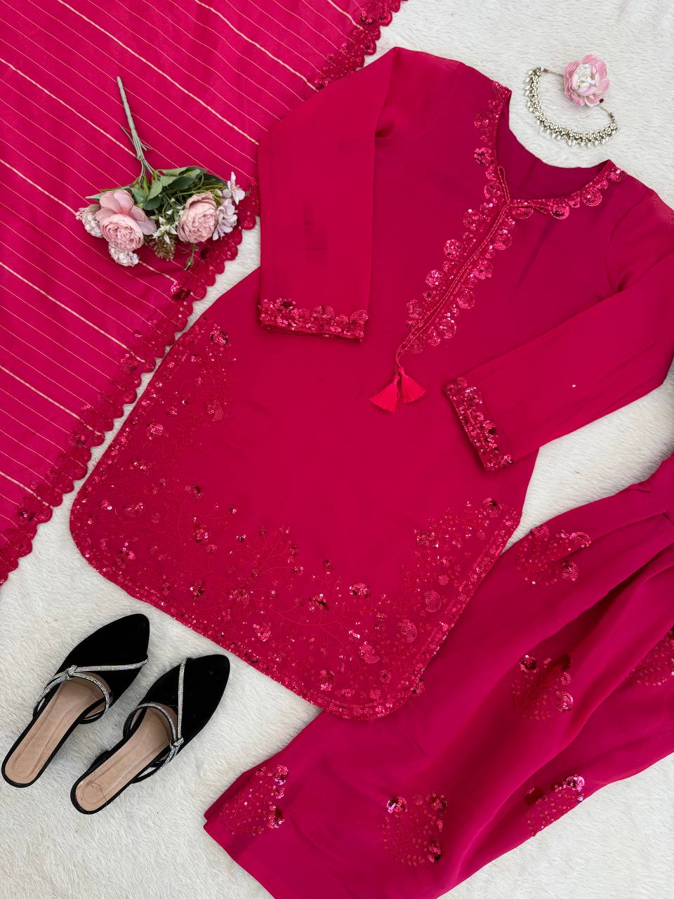 Dazzling Pink Color Mul Chanderi Thread Sequin Work Farshi Palazzo Suit