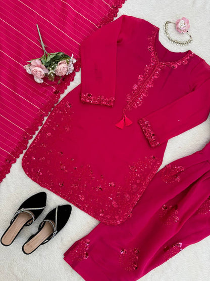 Dazzling Pink Color Mul Chanderi Thread Sequin Work Farshi Palazzo Suit