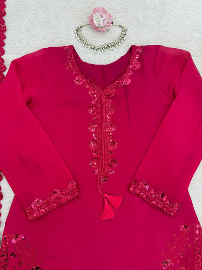 Dazzling Pink Color Mul Chanderi Thread Sequin Work Farshi Palazzo Suit