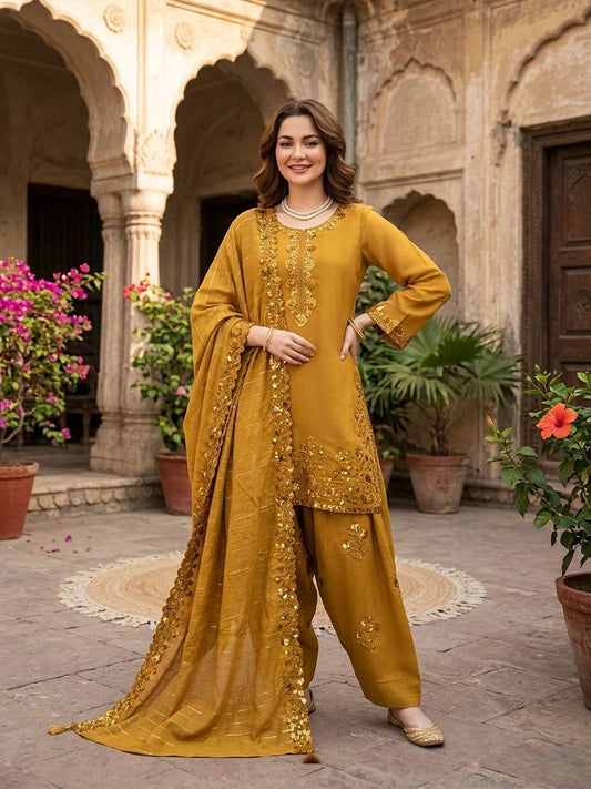 Beuatiful Yellow Color Squence Embroidered Farshi Palazzo Suit With Dupatta