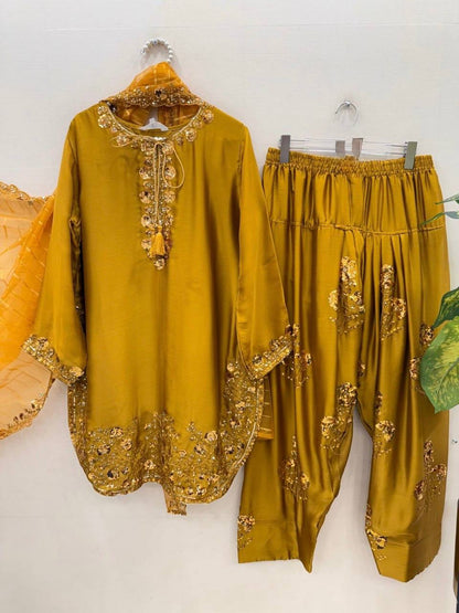 Beuatiful Yellow Color Squence Embroidered Farshi Palazzo Suit With Dupatta