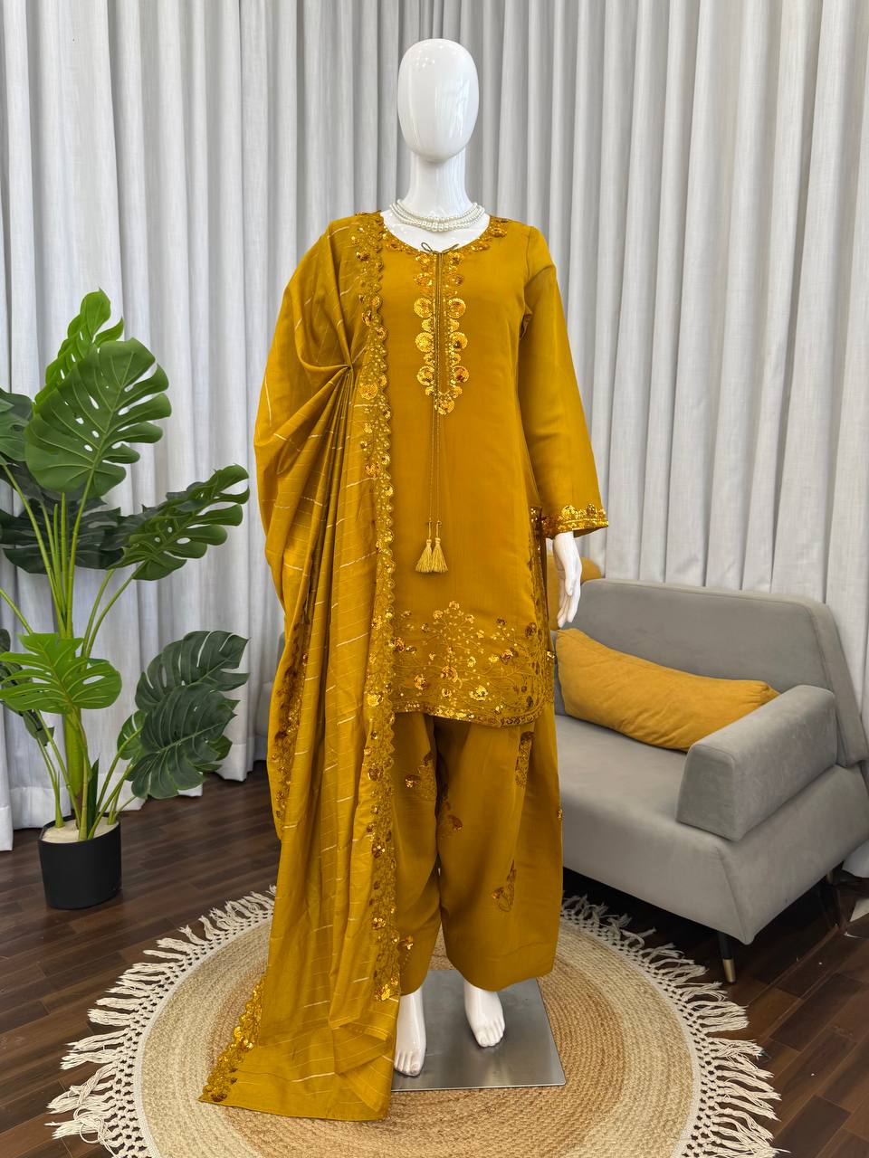 Beuatiful Yellow Color Squence Embroidered Farshi Palazzo Suit With Dupatta