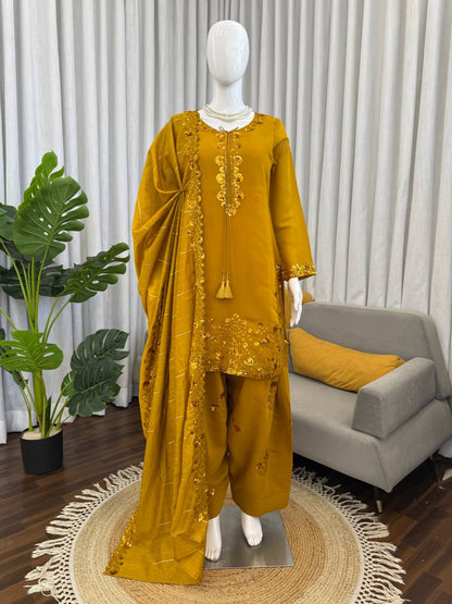 Beuatiful Yellow Color Squence Embroidered Farshi Palazzo Suit With Dupatta