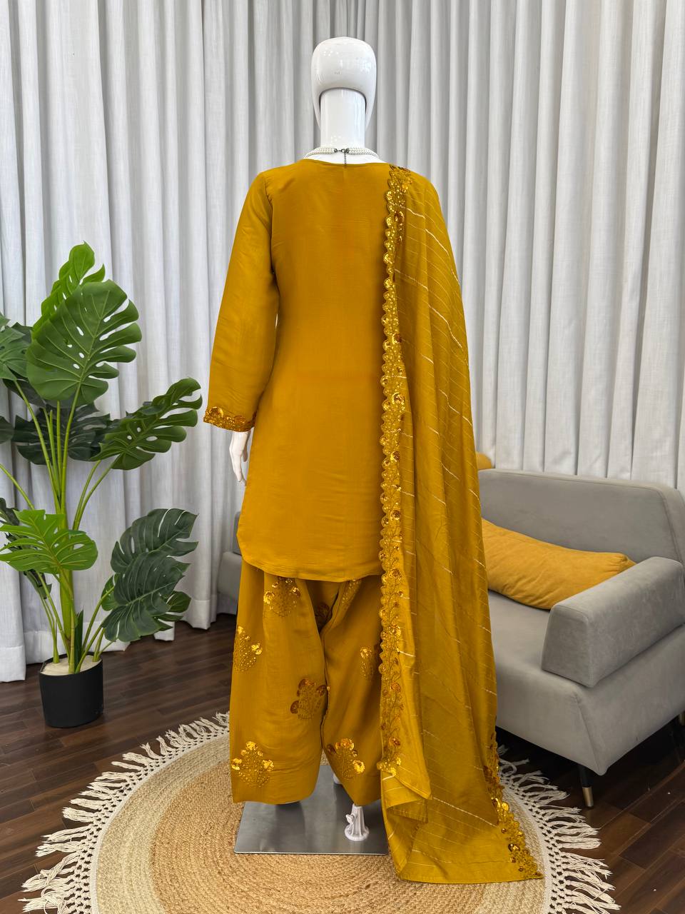 Beuatiful Yellow Color Squence Embroidered Farshi Palazzo Suit With Dupatta