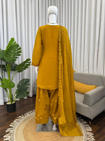 Beuatiful Yellow Color Squence Embroidered Farshi Palazzo Suit With Dupatta