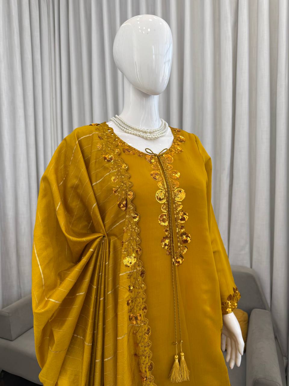 Beuatiful Yellow Color Squence Embroidered Farshi Palazzo Suit With Dupatta