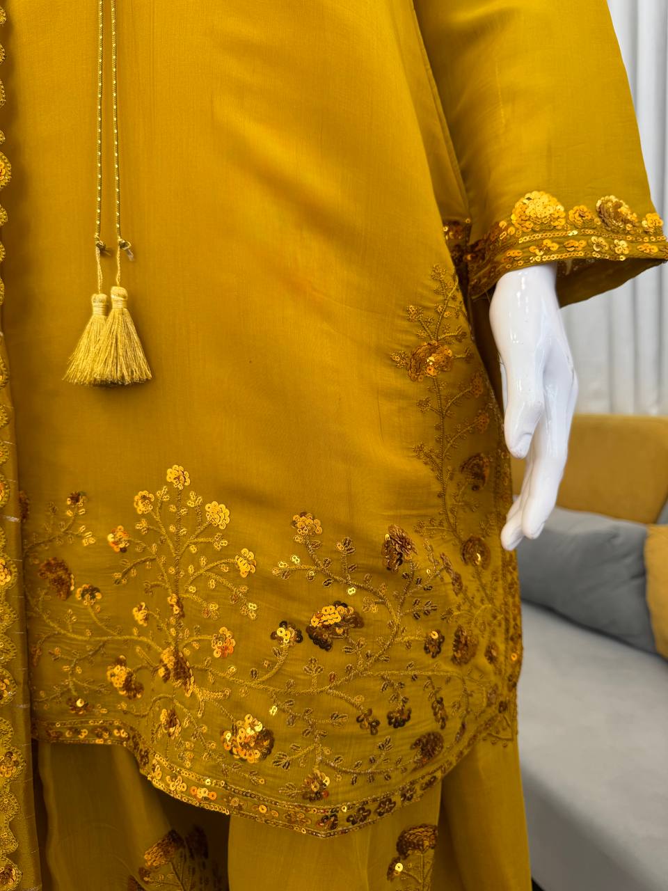 Beuatiful Yellow Color Squence Embroidered Farshi Palazzo Suit With Dupatta