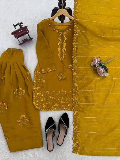 Beuatiful Yellow Color Squence Embroidered Farshi Palazzo Suit With Dupatta