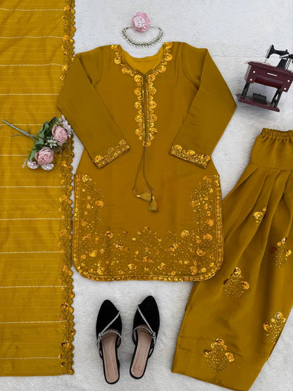 Beuatiful Yellow Color Squence Embroidered Farshi Palazzo Suit With Dupatta