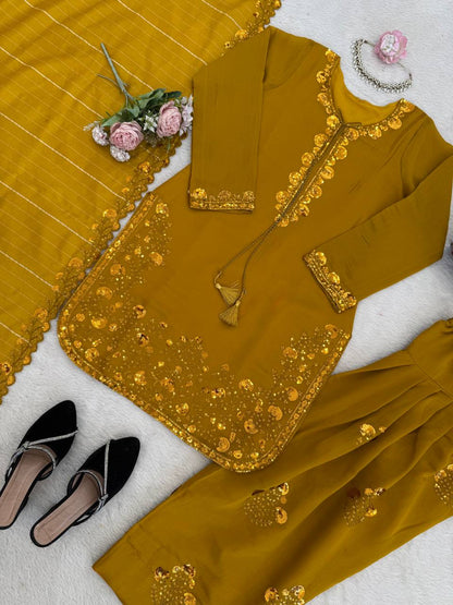 Beuatiful Yellow Color Squence Embroidered Farshi Palazzo Suit With Dupatta