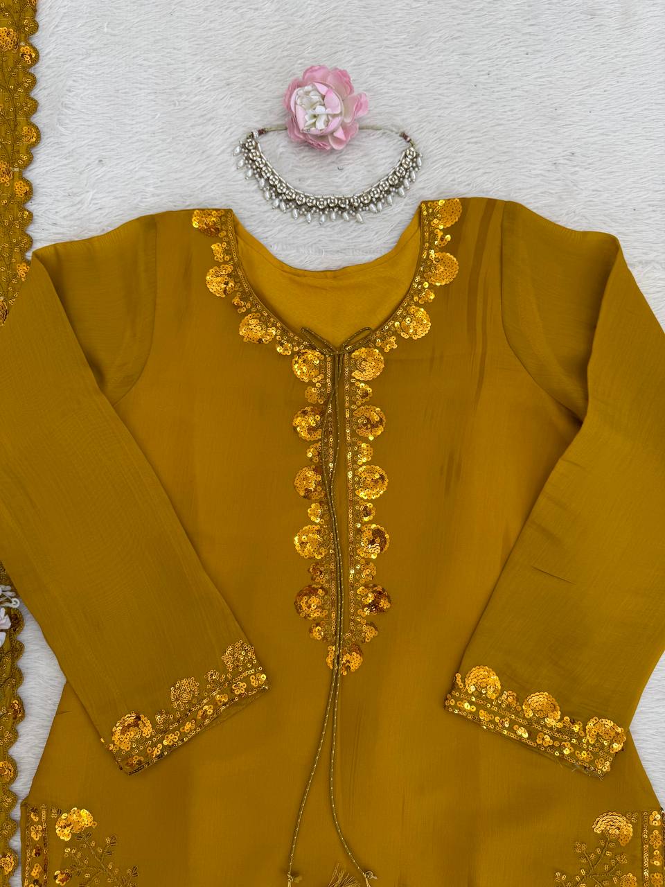 Beuatiful Yellow Color Squence Embroidered Farshi Palazzo Suit With Dupatta