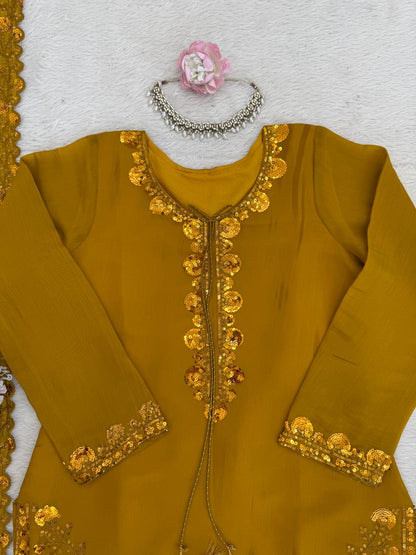 Beuatiful Yellow Color Squence Embroidered Farshi Palazzo Suit With Dupatta