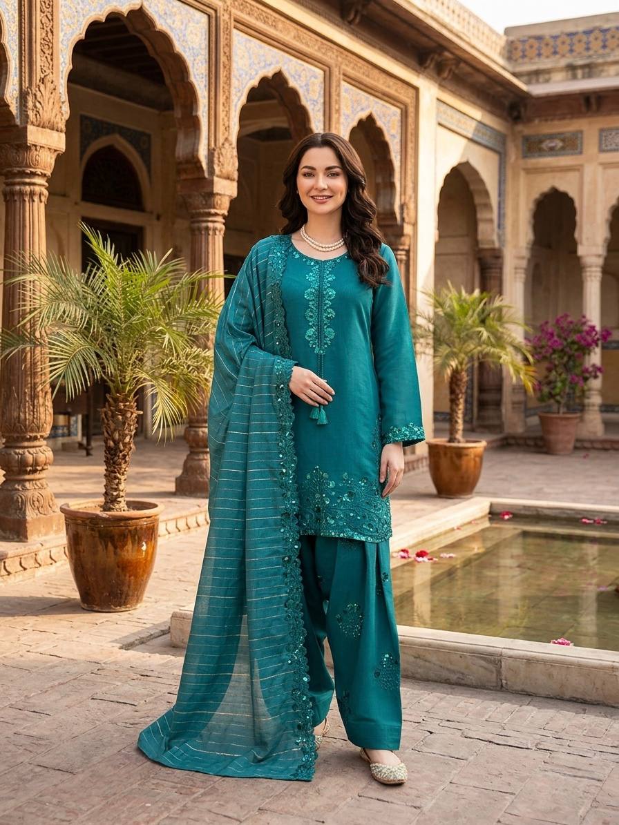Charming Sky Blue Color Squence Embroidered Farshi Palazzo Suit