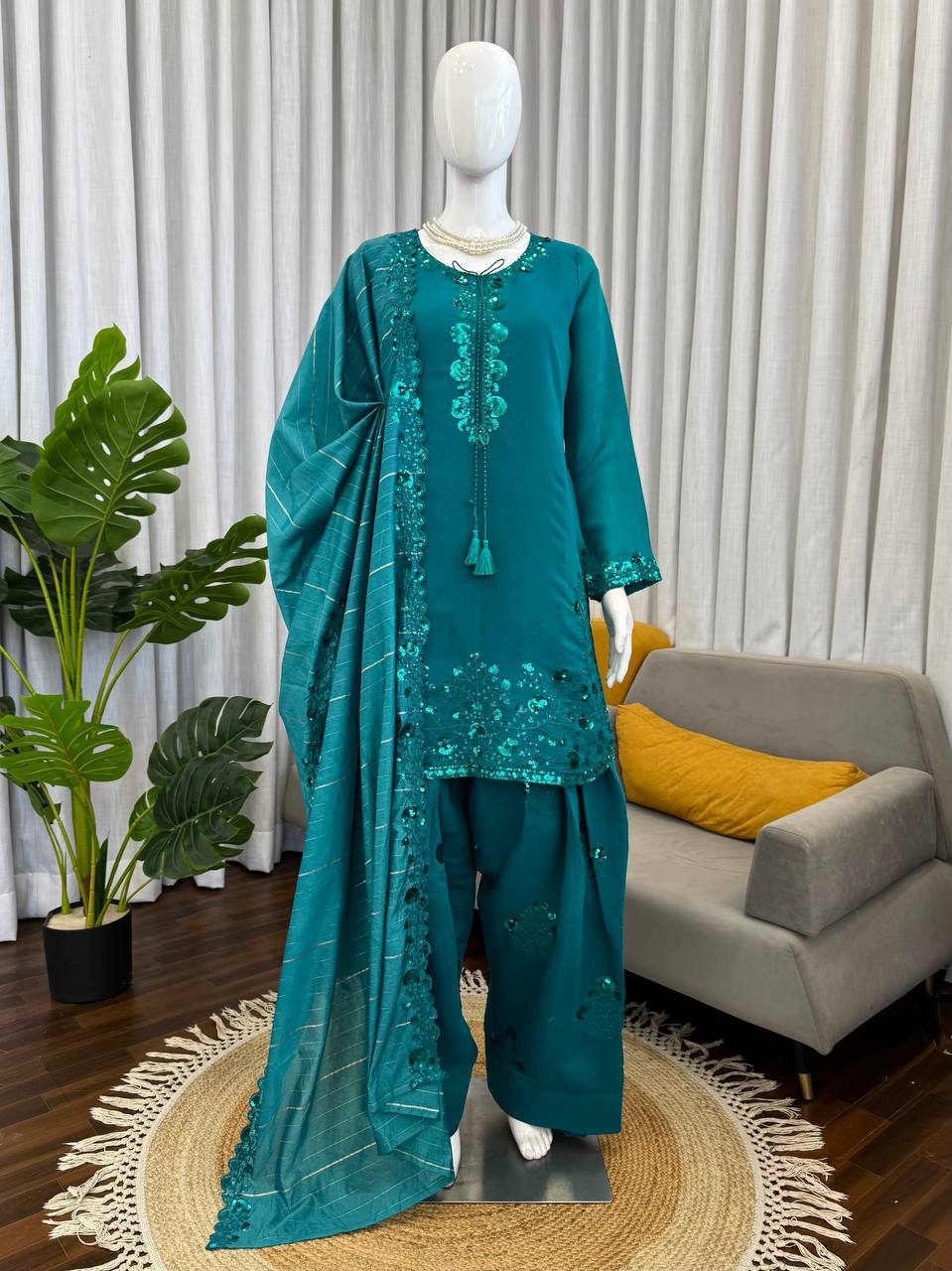 Charming Sky Blue Color Squence Embroidered Farshi Palazzo Suit