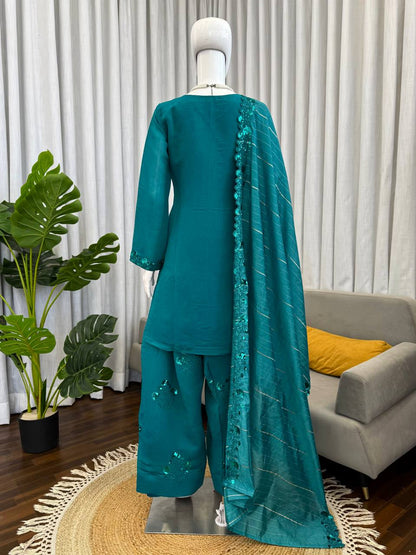 Charming Sky Blue Color Squence Embroidered Farshi Palazzo Suit