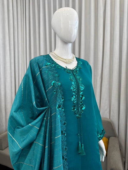 Charming Sky Blue Color Squence Embroidered Farshi Palazzo Suit