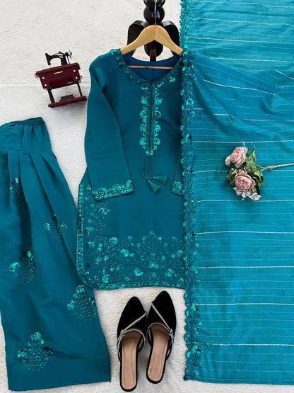 Charming Sky Blue Color Squence Embroidered Farshi Palazzo Suit