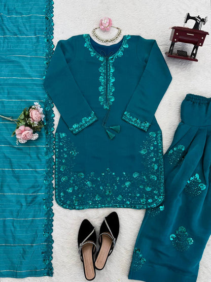 Charming Sky Blue Color Squence Embroidered Farshi Palazzo Suit